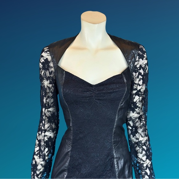 Vampy LEATHER & LACE Black OPeN Back Mini Dress / 80s 90s Goth / S - Picture 10 of 10